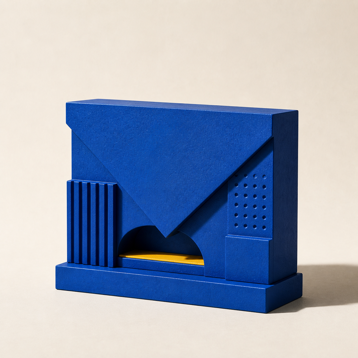 A blue envelope sculpture representing ways to contact Wayne Wu