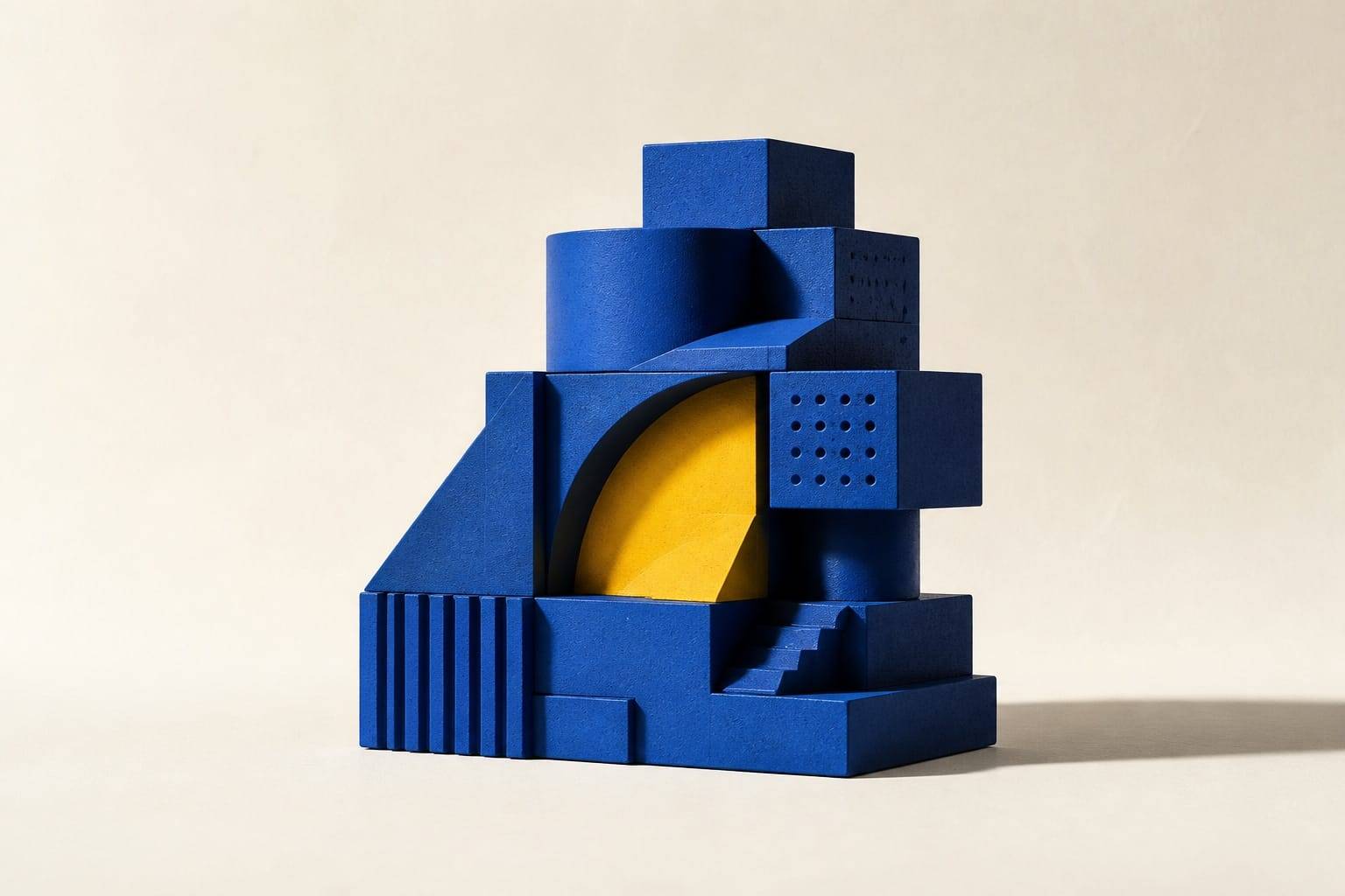 A blue modular sculpture with a yellow arch representing projects and building